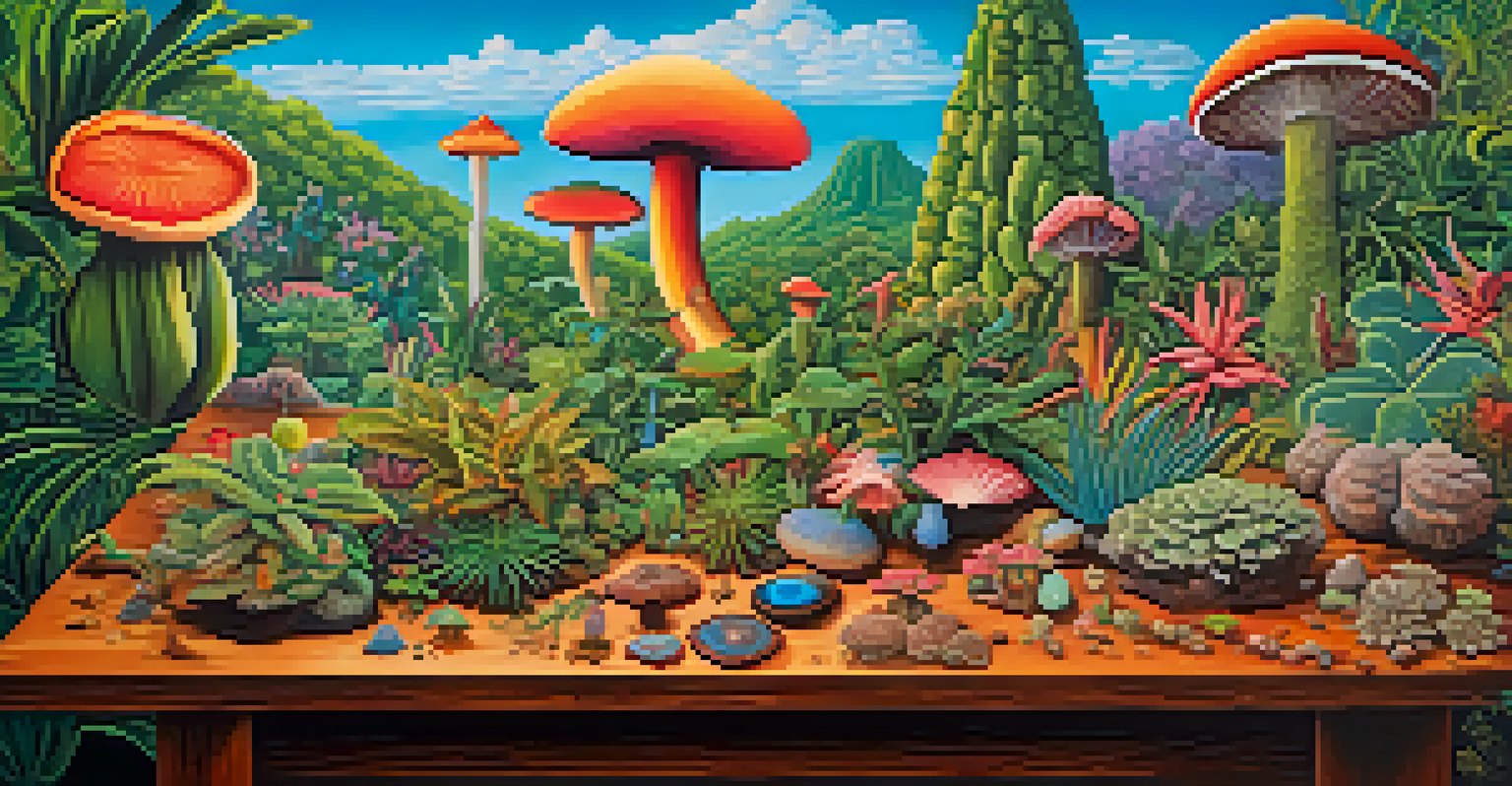 A colorful display of entheogenic plants on a wooden table in a tropical garden with bright flowers and greenery.
