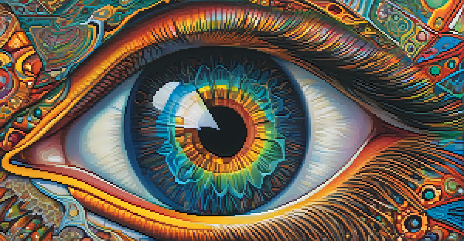 A close-up of a human eye with a kaleidoscopic reflection and colorful fractals around it.