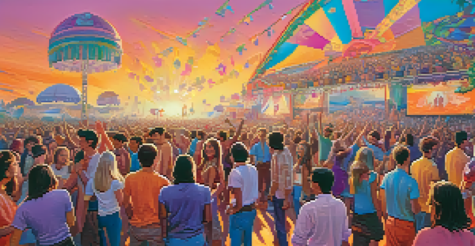 A lively music festival from the 1960s with a diverse crowd dancing under colorful banners and a vibrant sunset sky.