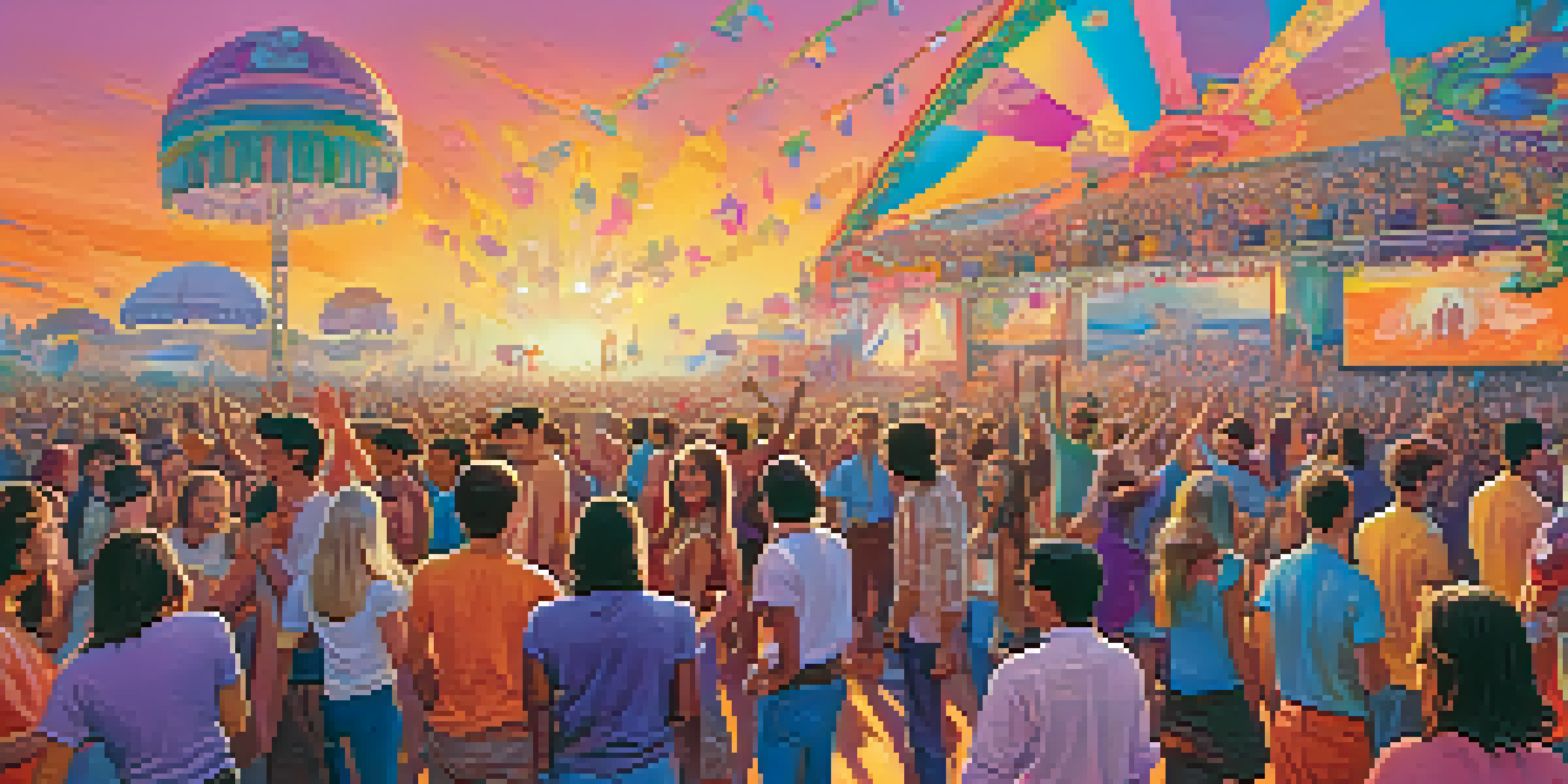 A lively music festival from the 1960s with a diverse crowd dancing under colorful banners and a vibrant sunset sky.