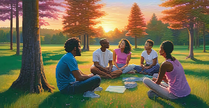 A diverse group of individuals sitting in a circle on the grass, discussing under a vibrant sunset over a lush forest.