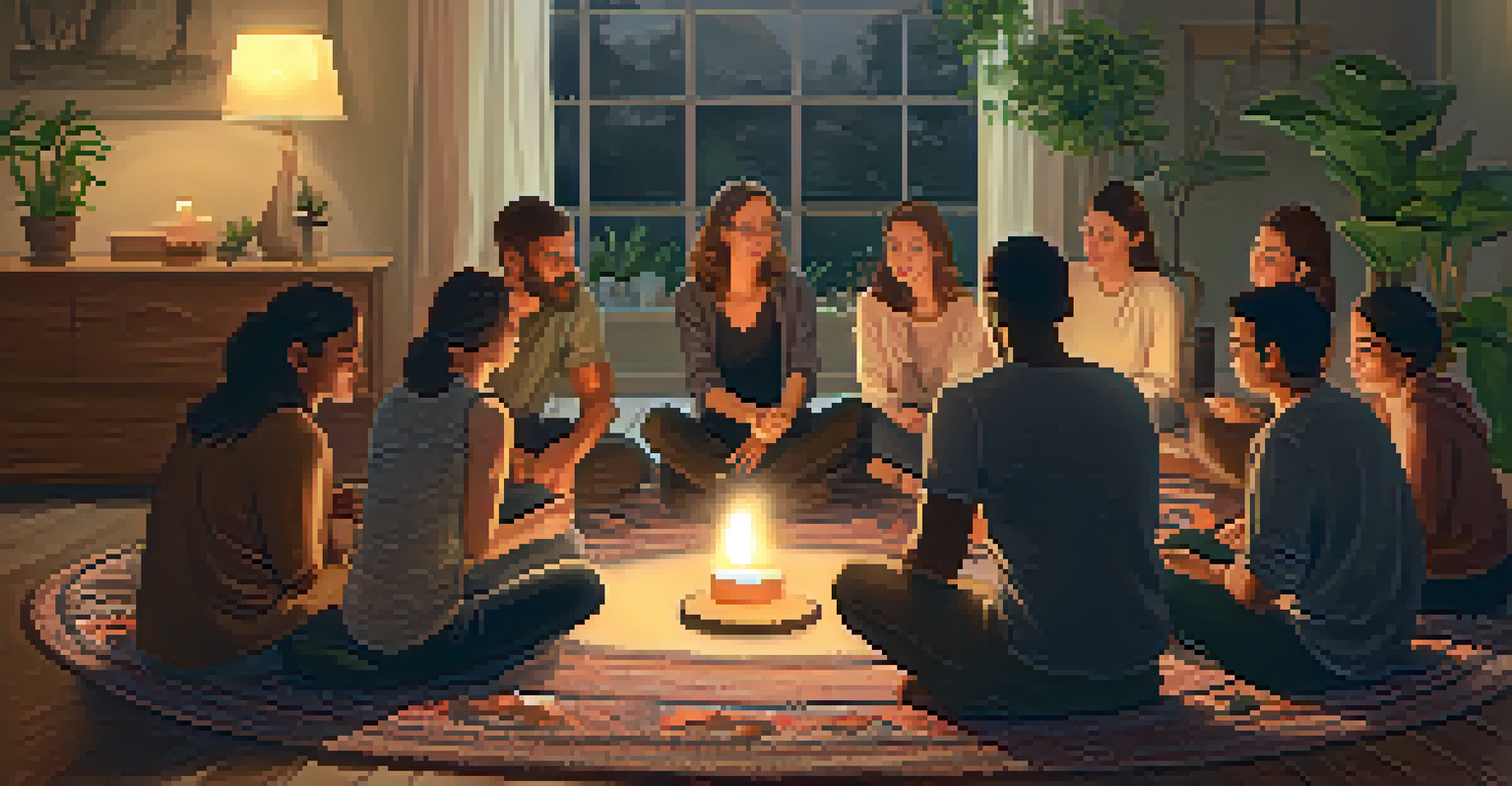 A cozy room with people sitting in a circle, sharing thoughts in a warm and inviting atmosphere.