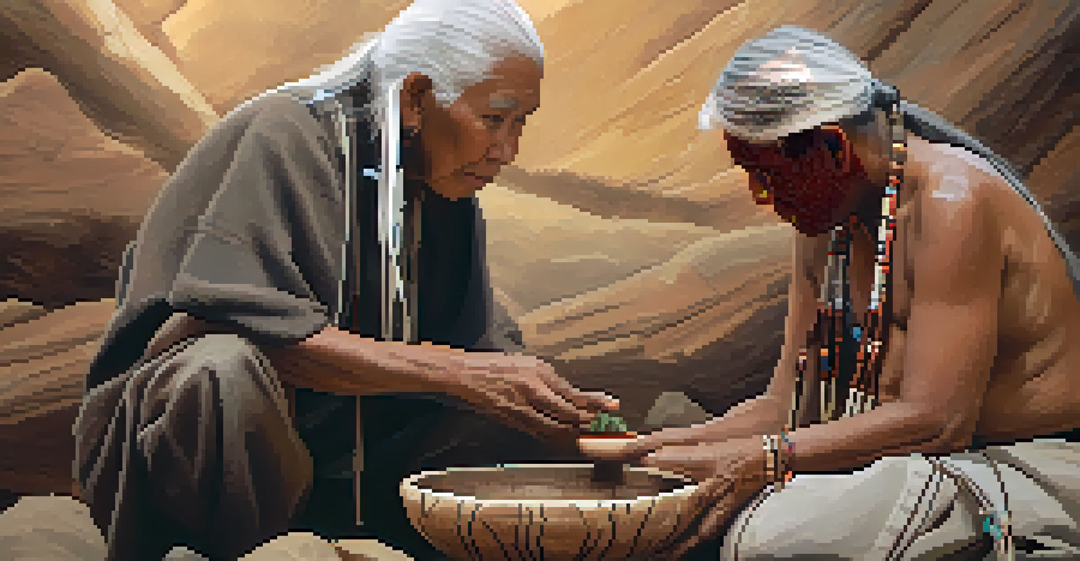 A close-up of an Indigenous elder sharing wisdom with a younger member, holding a carved bowl with herbs, set in a natural, warm-toned background.