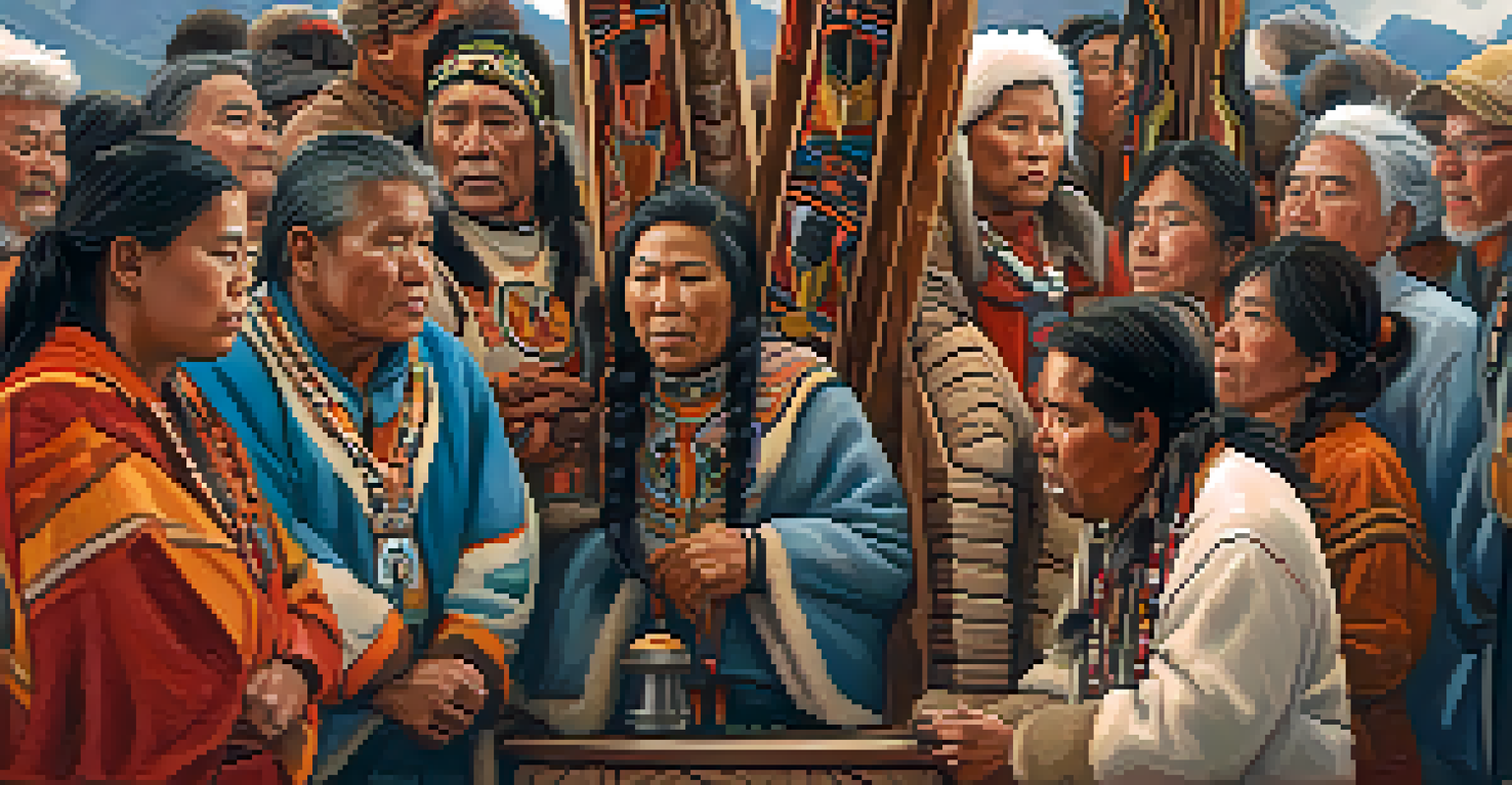 Inuit community members in traditional attire gathered around a colorful totem pole during a healing ceremony, engaged in a chanting ritual under flickering lanterns.