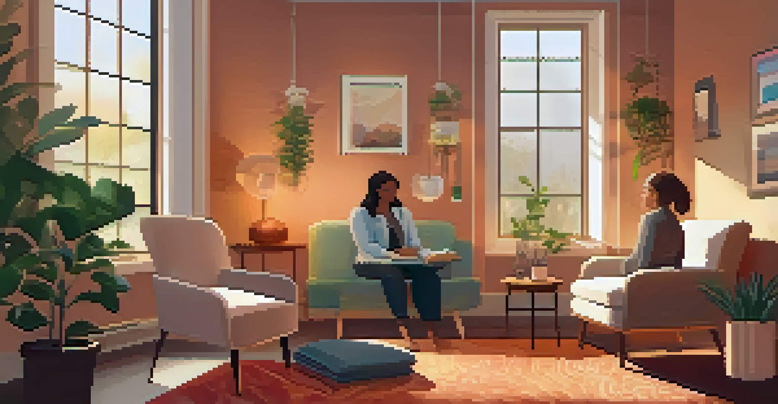 A cozy therapy room with warm colors, a therapist and patient engaged in conversation, and books about entheogens on a table.
