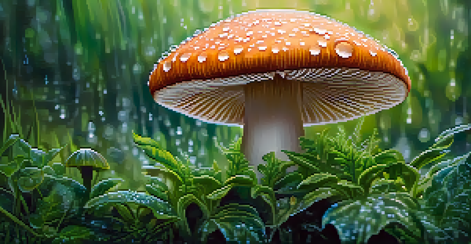 A close-up of a psilocybin mushroom with dew drops in a lush green environment.
