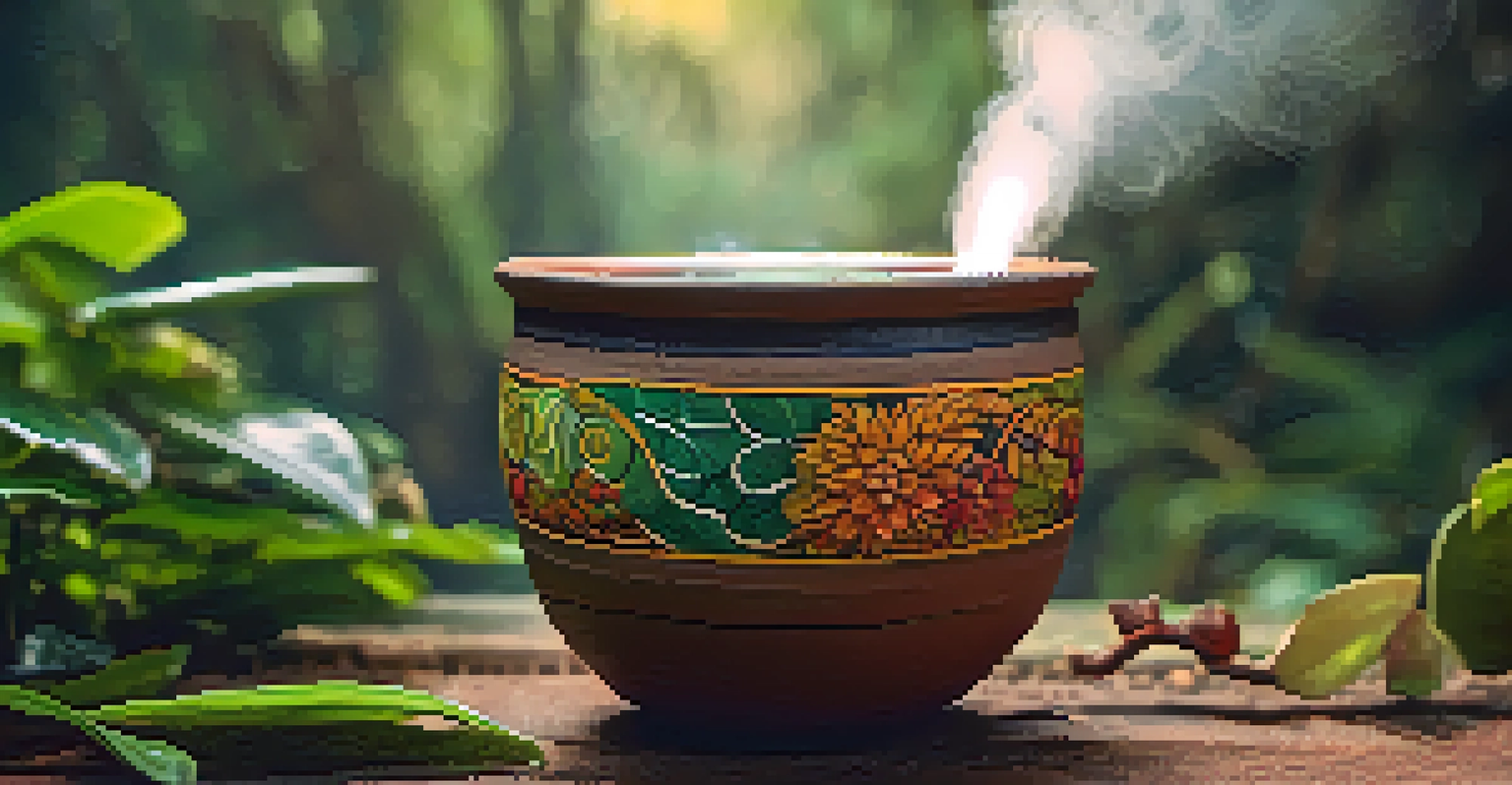A close-up of Ayahuasca brew inside a handcrafted clay cup with steam rising, set against a blurred Amazon rainforest background.