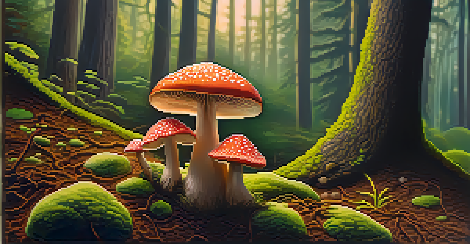 Close-up of psilocybin mushrooms in a forest, highlighting their shapes and colors against brown soil and green moss.