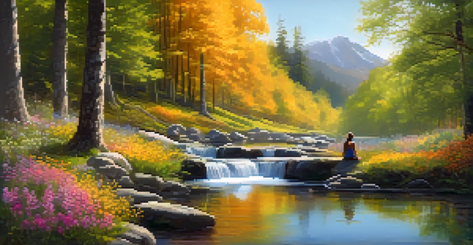 A tranquil forest landscape with a person meditating peacefully on a rock by a flowing stream, surrounded by colorful wildflowers.
