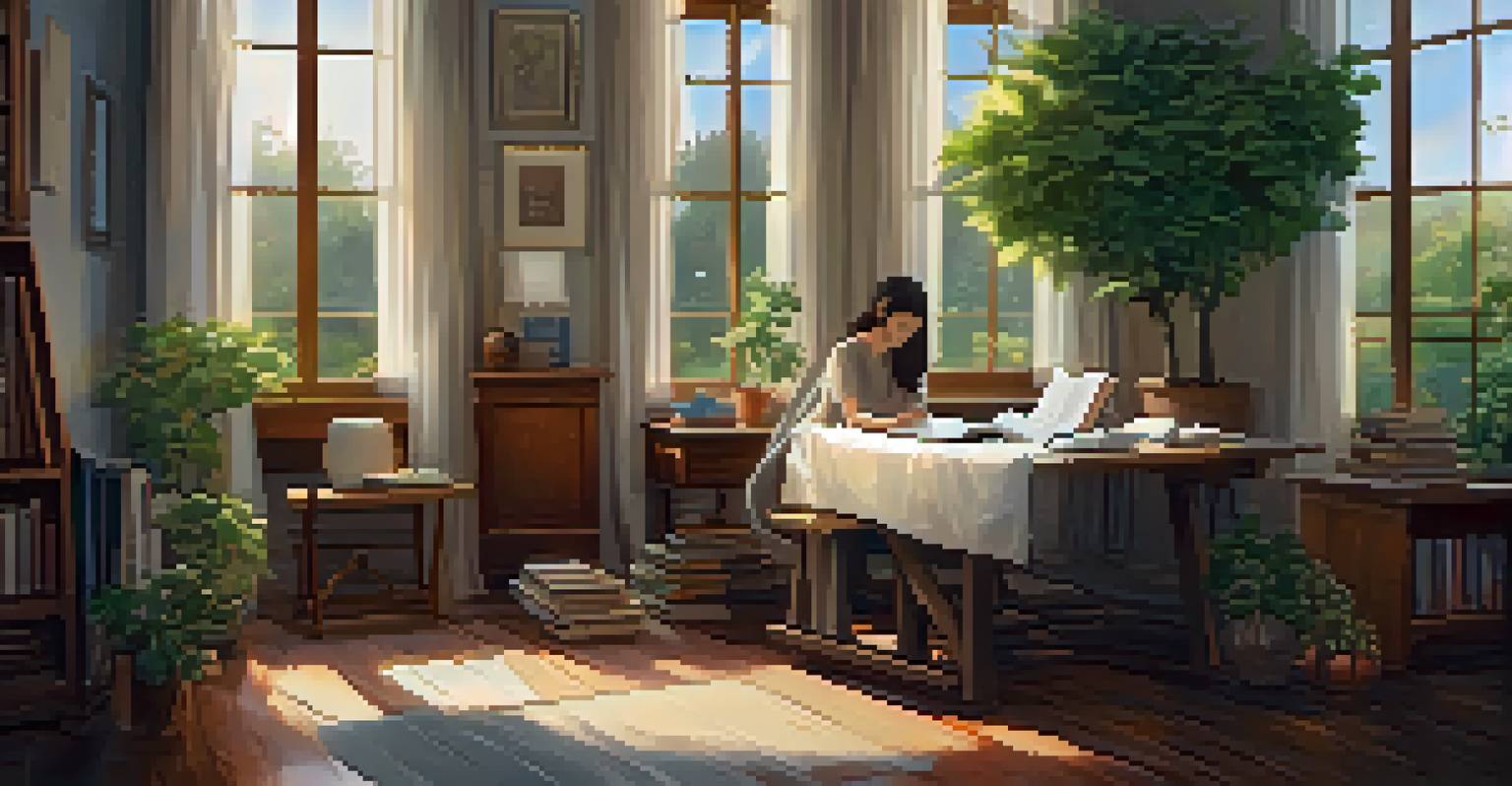 A cozy room with a person journaling at a desk, surrounded by plants and books, creating a reflective atmosphere.