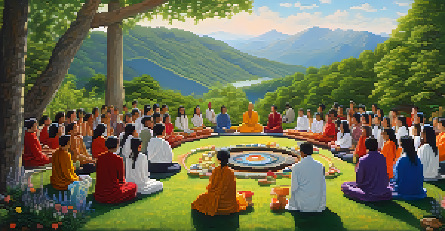 A colorful landscape showcasing various cultural practices with a Native American ceremony and a Buddhist meditation scene, surrounded by lush nature.
