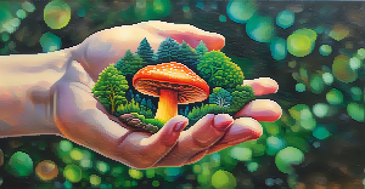 A close-up of hands holding a colorful psilocybin mushroom against a blurred natural background.