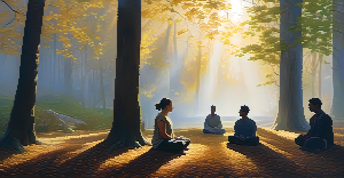 A peaceful forest at dawn with mist and sunlight, featuring a diverse group of people meditating together in a circle.