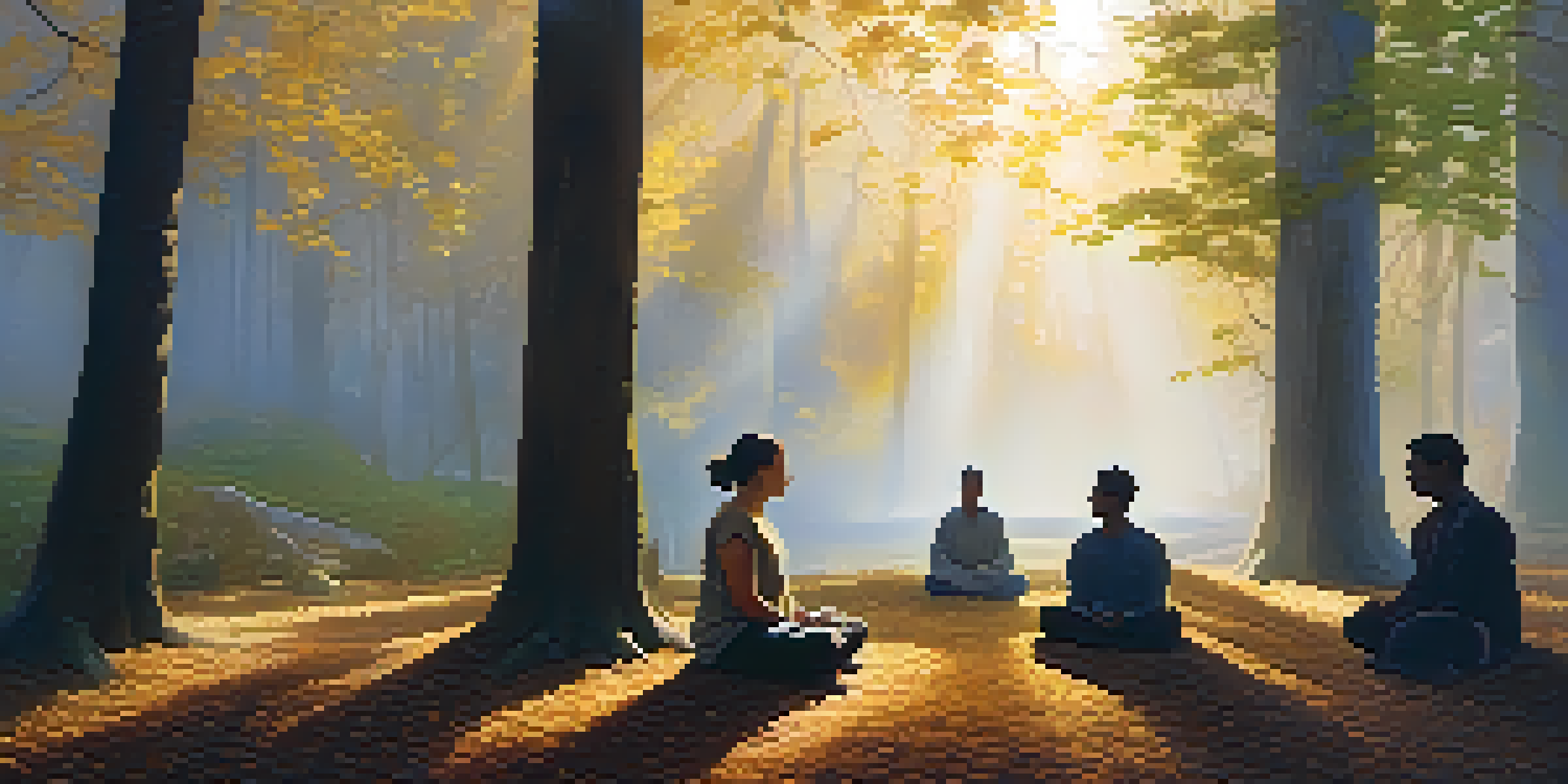 A peaceful forest at dawn with mist and sunlight, featuring a diverse group of people meditating together in a circle.