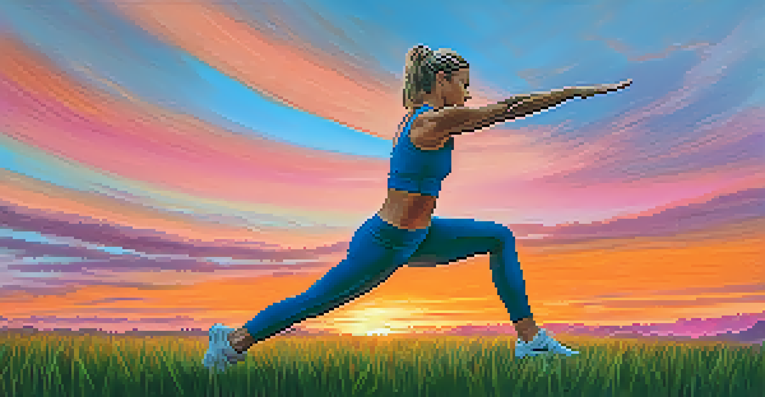 An athlete performing a yoga pose on a grassy field at sunset, with colorful skies in the background.
