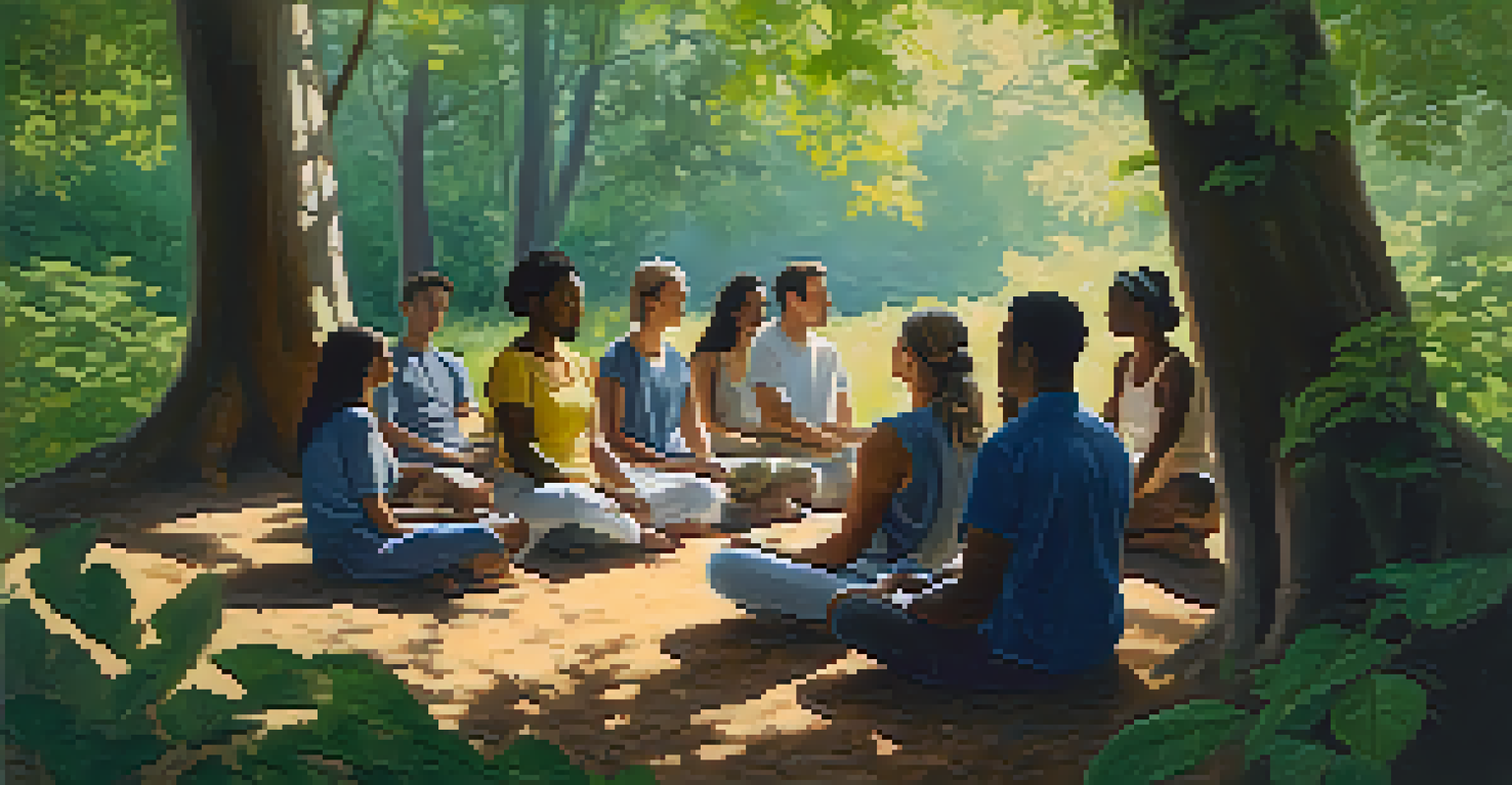 A peaceful forest scene with a diverse group of people meditating in a circle, surrounded by lush greenery and sunlight.