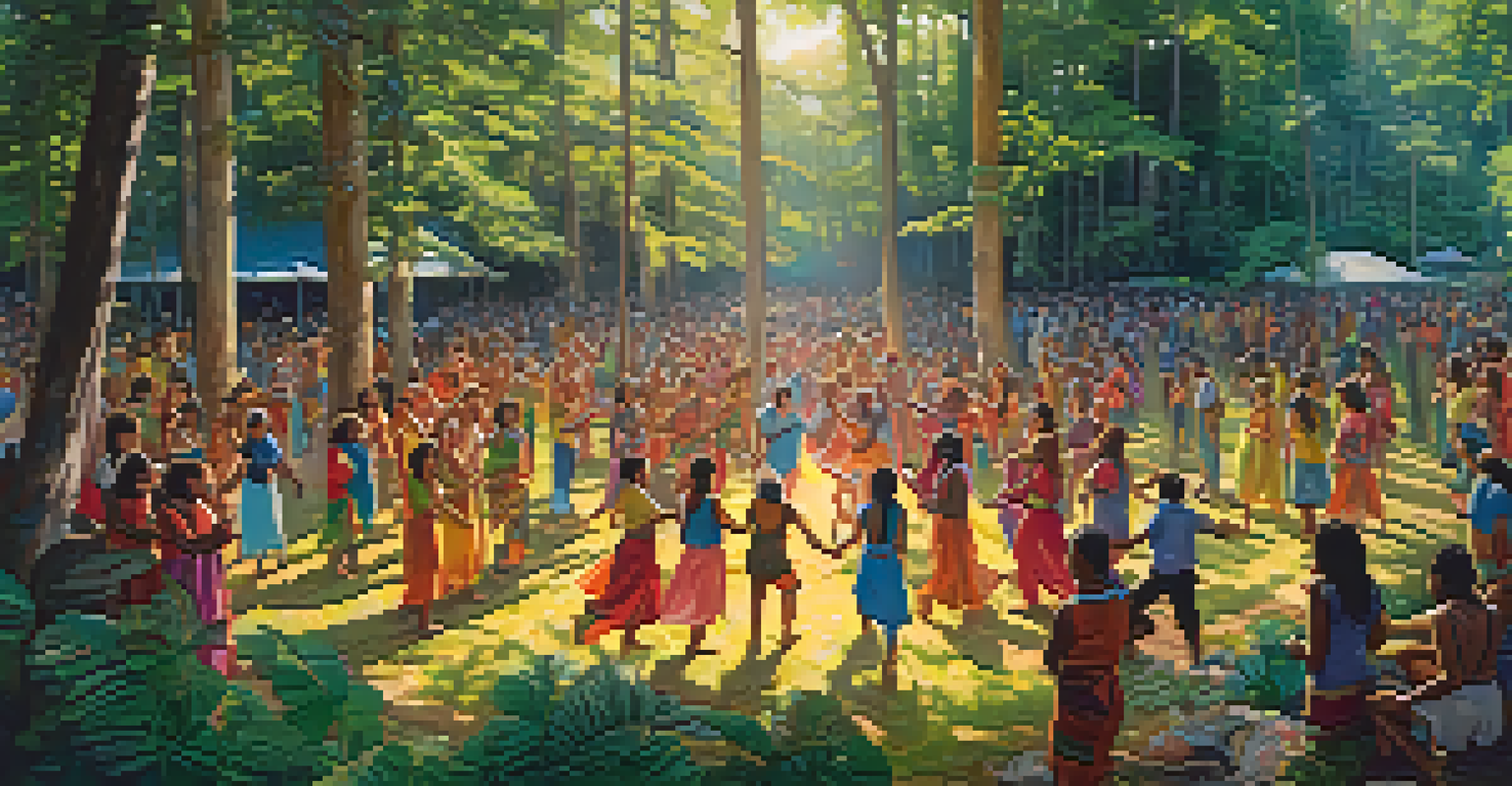 Aerial view of a vibrant community gathering in a lush forest, showcasing participants engaging in music and dance during a collective ritual.