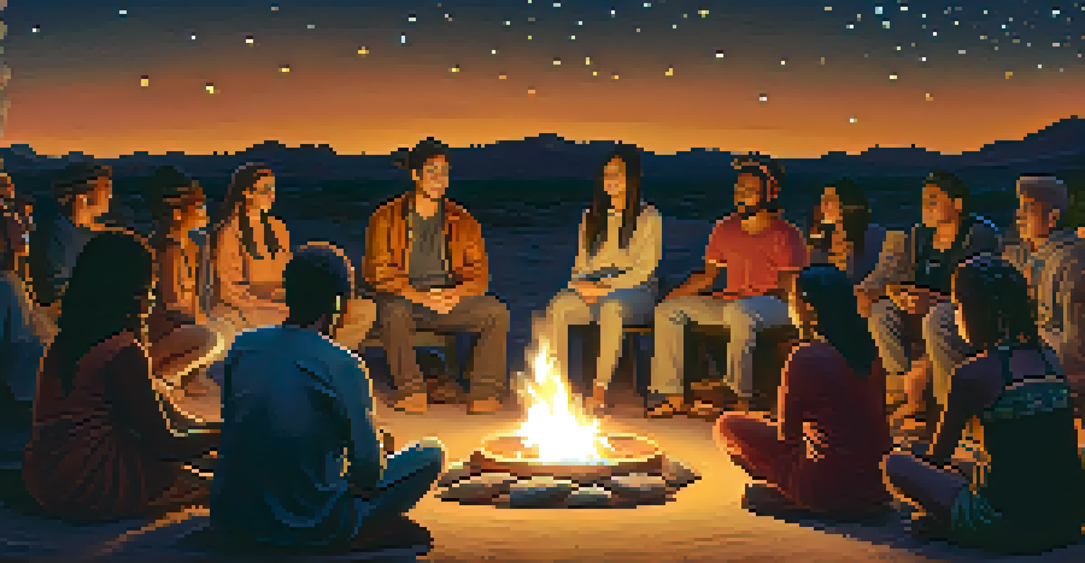 A group of people sitting in a circle around a fire during a healing ceremony under a starry sky.