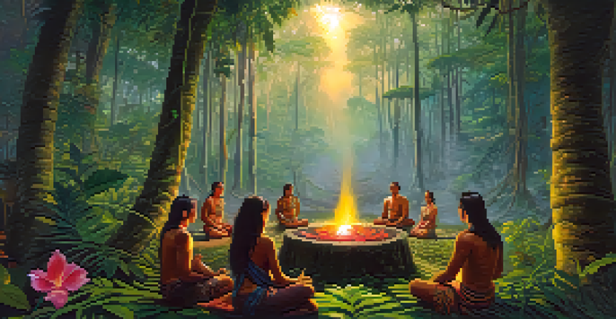 A peaceful scene of an Ayahuasca ceremony in the Amazon rainforest with participants seated in a circle around a fire.