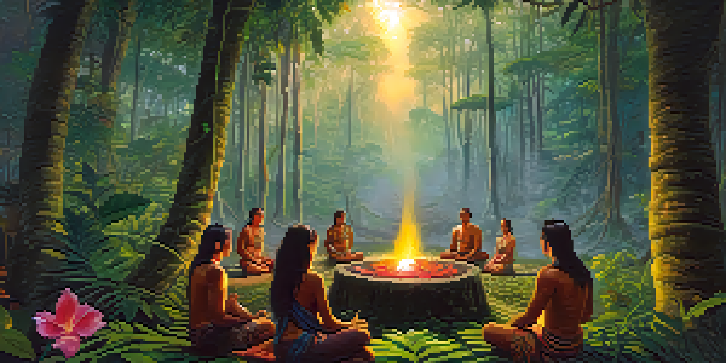 A peaceful scene of an Ayahuasca ceremony in the Amazon rainforest with participants seated in a circle around a fire.