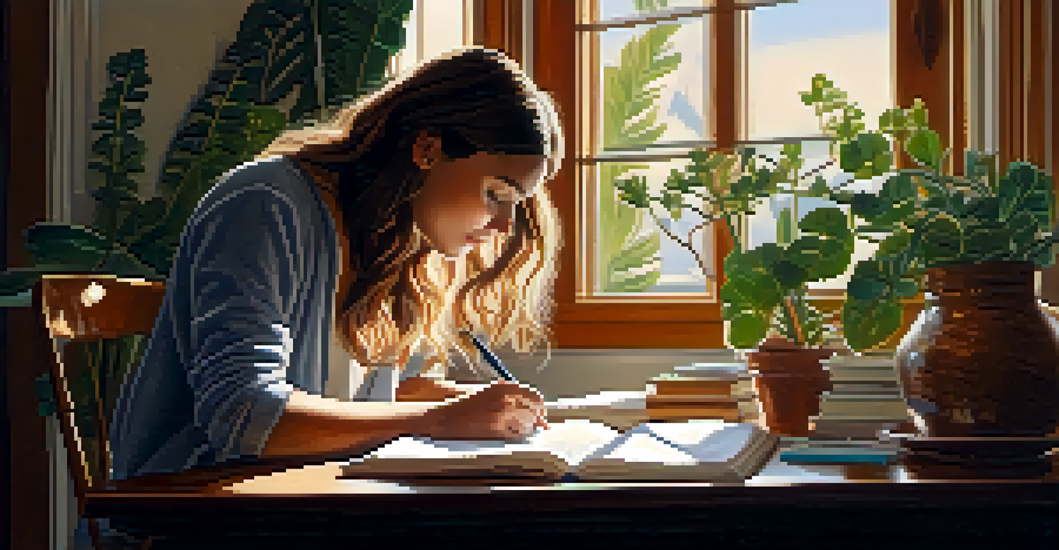 A close-up of a person journaling in a cozy room filled with plants and crystals, deep in thought with an open journal and pen.
