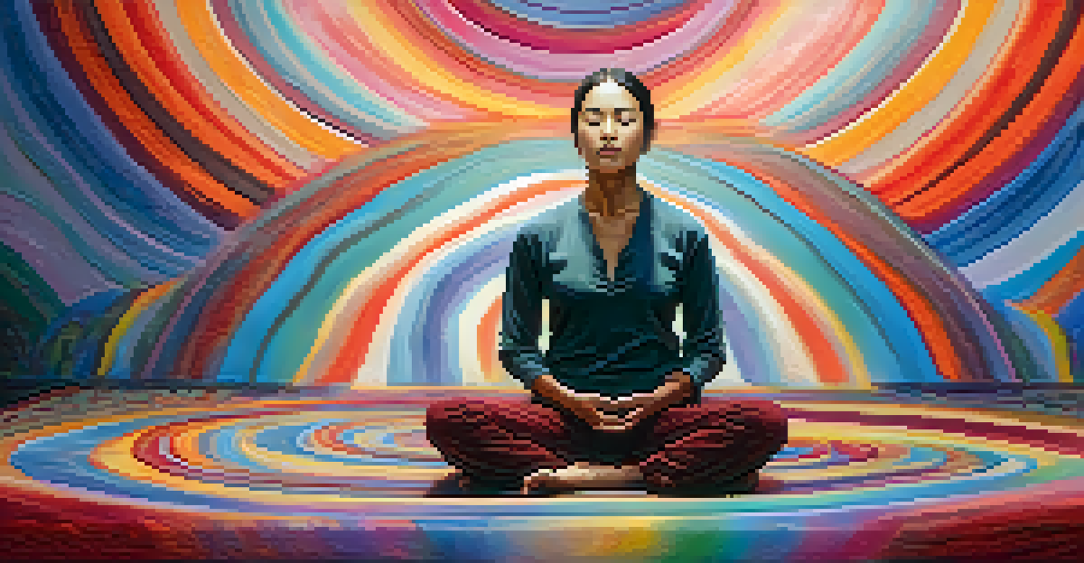 A person practicing mindfulness, surrounded by vibrant colors and patterns that represent thoughts and feelings.