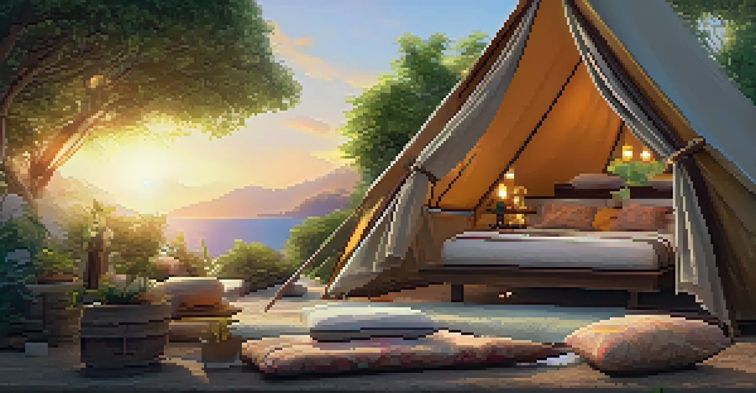 A serene wellness retreat with a cozy tent and an altar surrounded by lush greenery at sunset, creating a peaceful atmosphere.