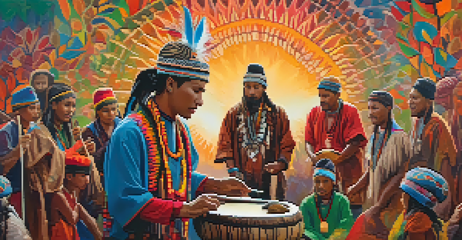 A shaman leading a mushroom ceremony with participants, surrounded by colorful abstract nature patterns.