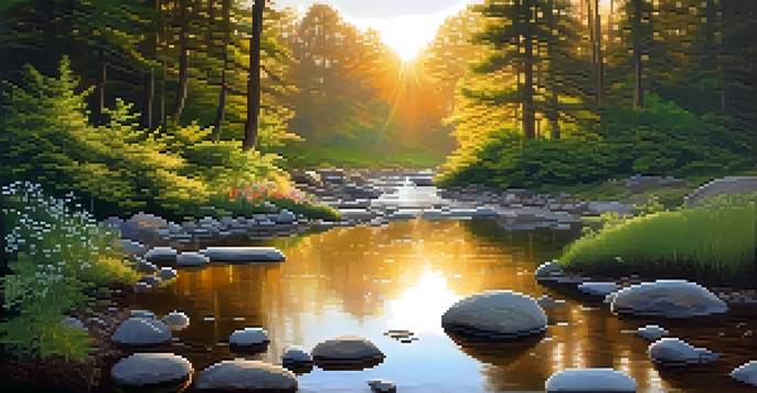 A peaceful forest scene at dawn with a stream flowing through smooth stones and sunlight filtering through the trees.