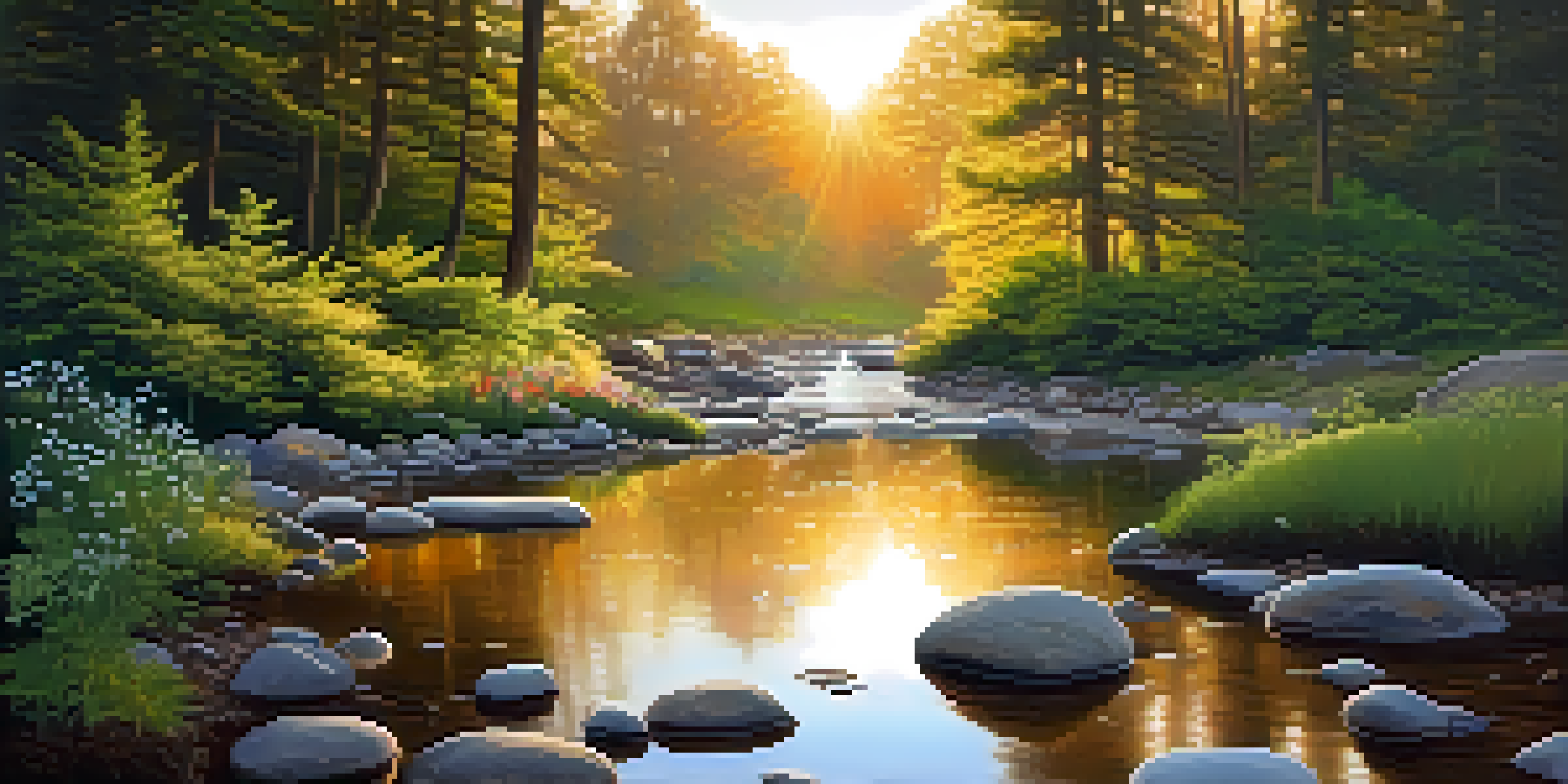 A peaceful forest scene at dawn with a stream flowing through smooth stones and sunlight filtering through the trees.