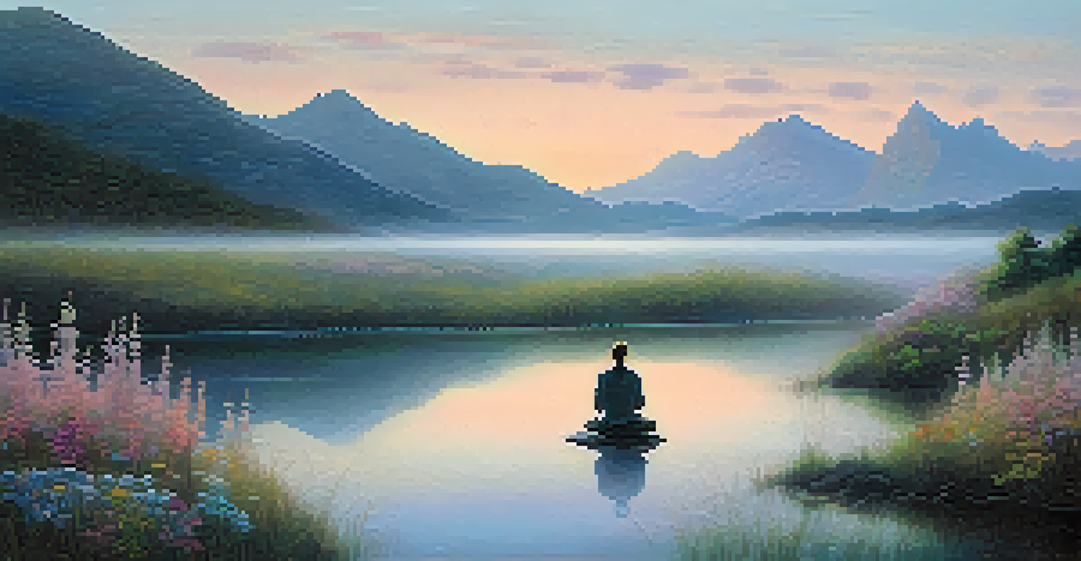 A person meditating on a rock by a calm lake at dawn, surrounded by mountains and wildflowers.