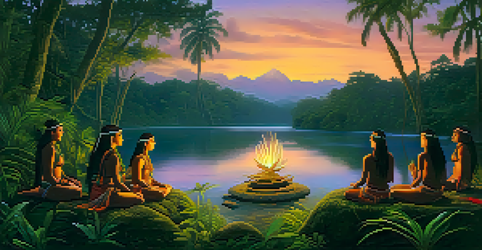 An indigenous Amazonian tribe performing an ayahuasca ceremony at dusk, surrounded by lush greenery and a river.