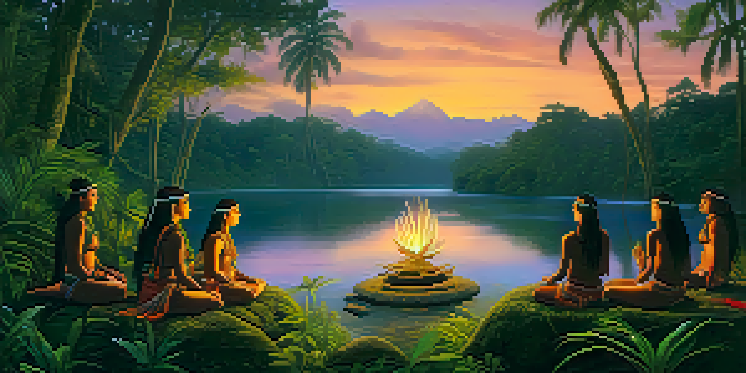 An indigenous Amazonian tribe performing an ayahuasca ceremony at dusk, surrounded by lush greenery and a river.
