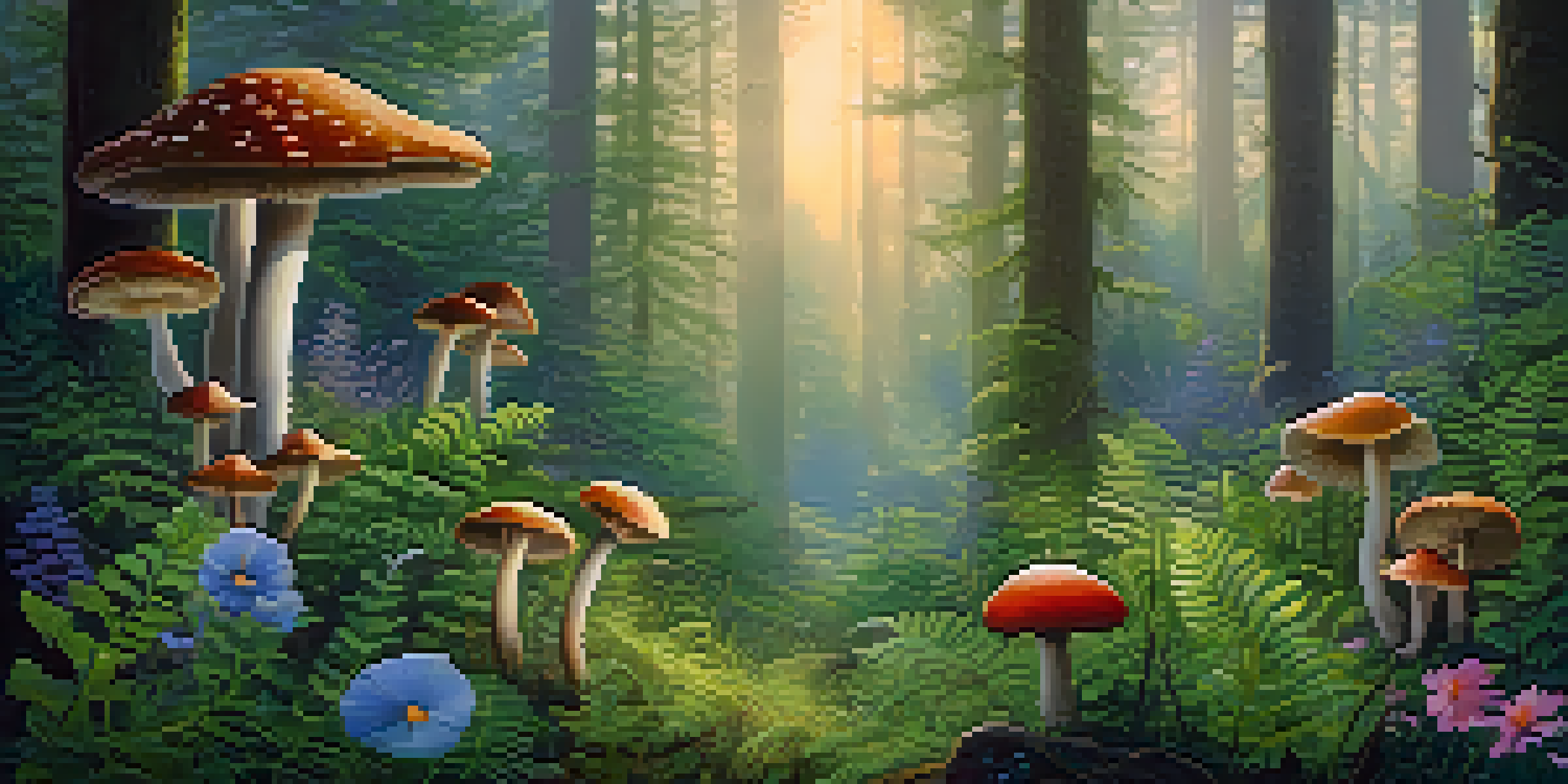A tranquil forest at dawn with mist, sunlight, and colorful psilocybin mushrooms in a clearing surrounded by ferns and wildflowers.