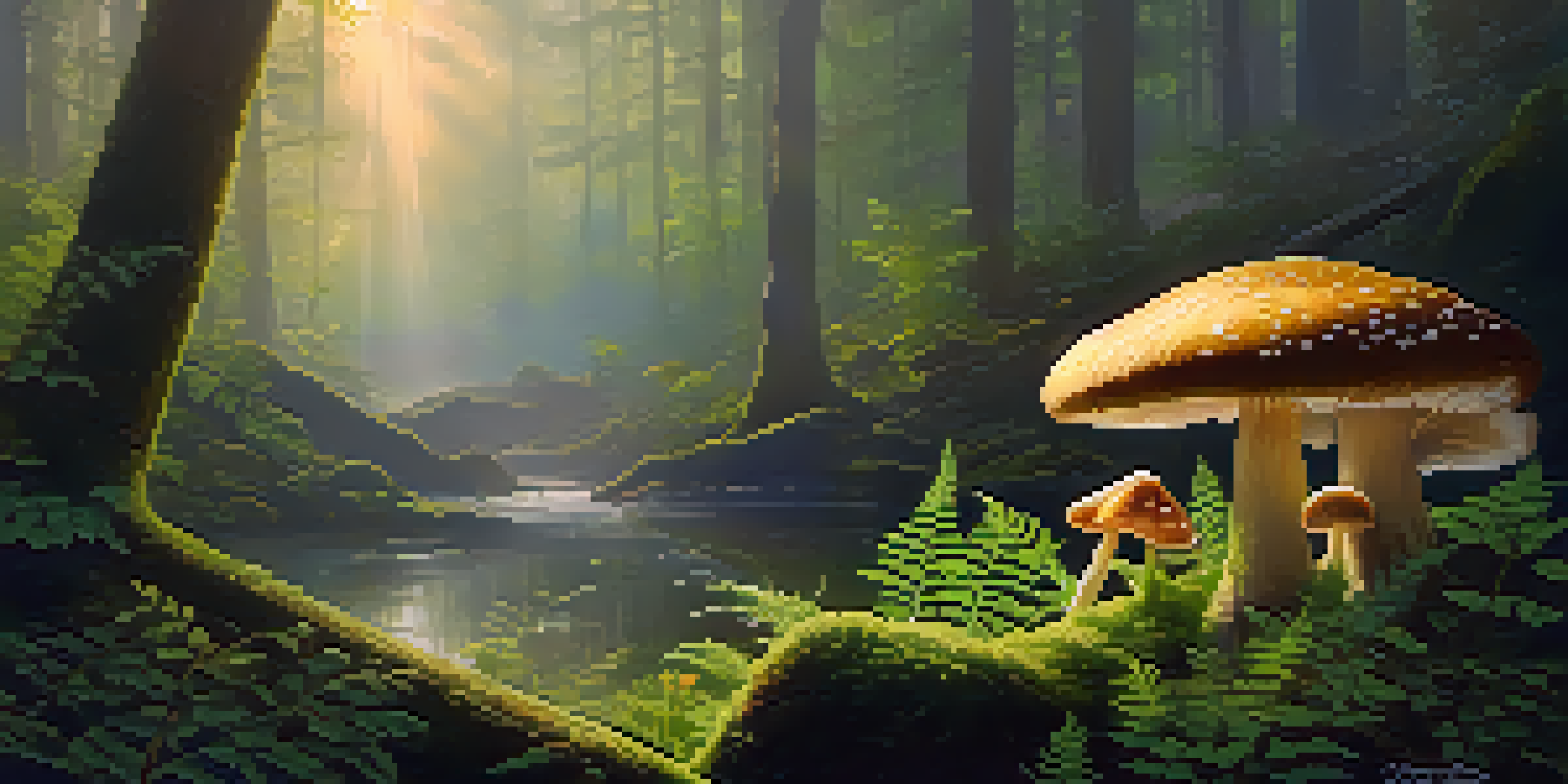 A peaceful forest with mist, sunlight filtering through trees, and psilocybin mushrooms on a mossy log.