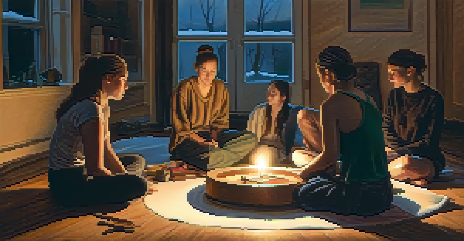 A candlelit room with individuals sitting in a circle, sharing thoughts, surrounded by art supplies creating an atmosphere of creativity.