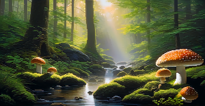 A peaceful forest at dawn with sunlight shining through mist and colorful mushrooms among greenery, and a stream in the background.