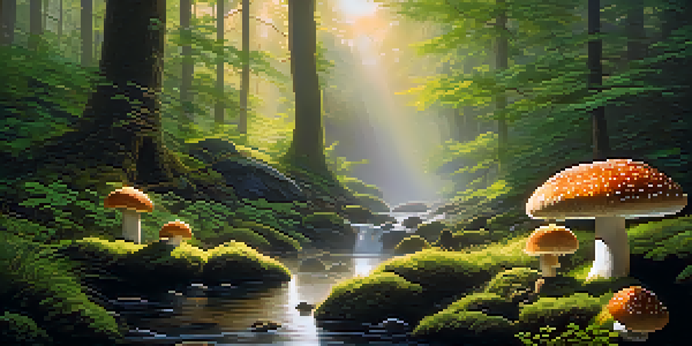 A peaceful forest at dawn with sunlight shining through mist and colorful mushrooms among greenery, and a stream in the background.