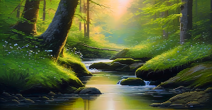 A peaceful forest at dawn with golden light, green moss, wildflowers, and a small stream.