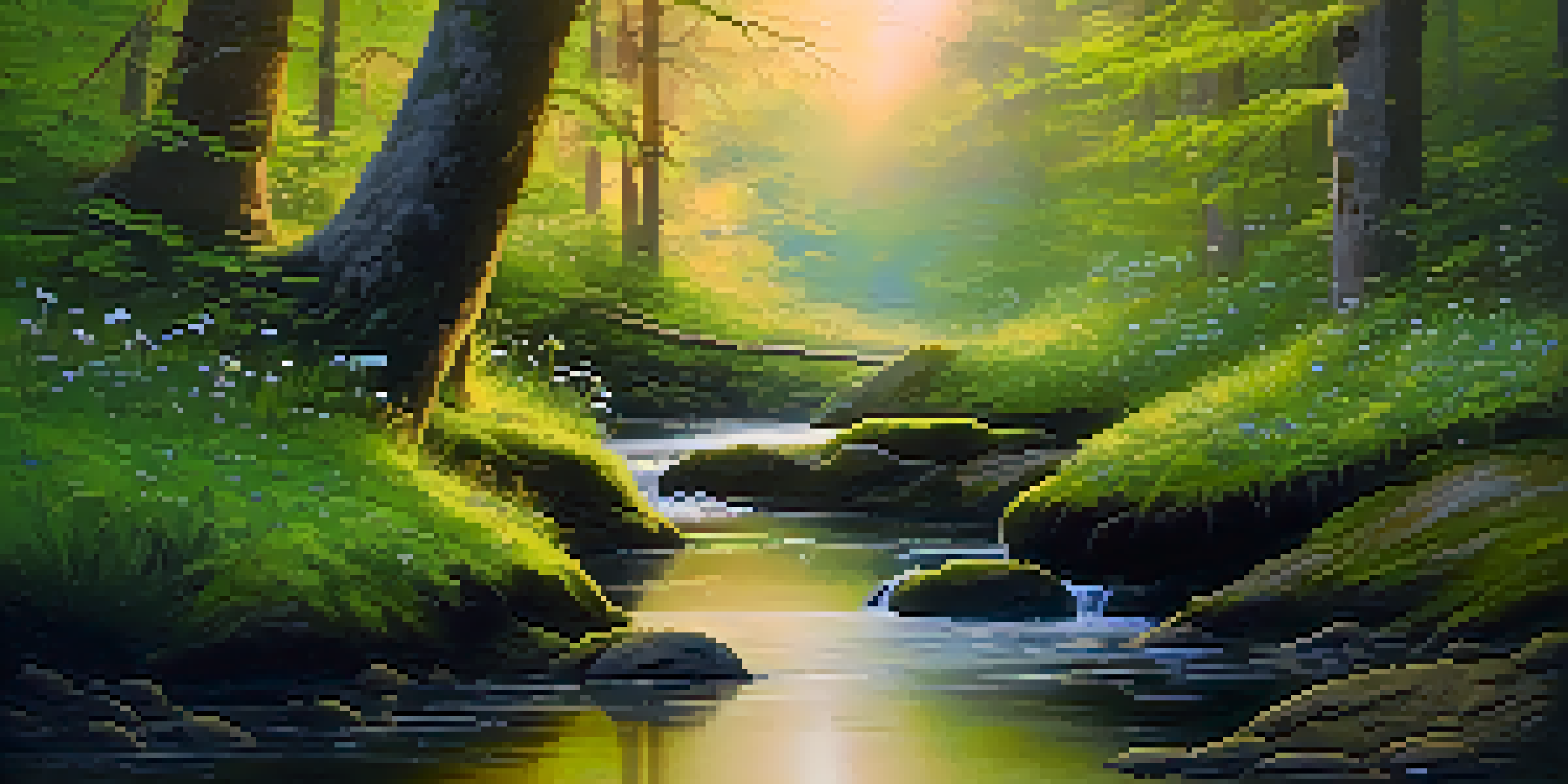 A peaceful forest at dawn with golden light, green moss, wildflowers, and a small stream.