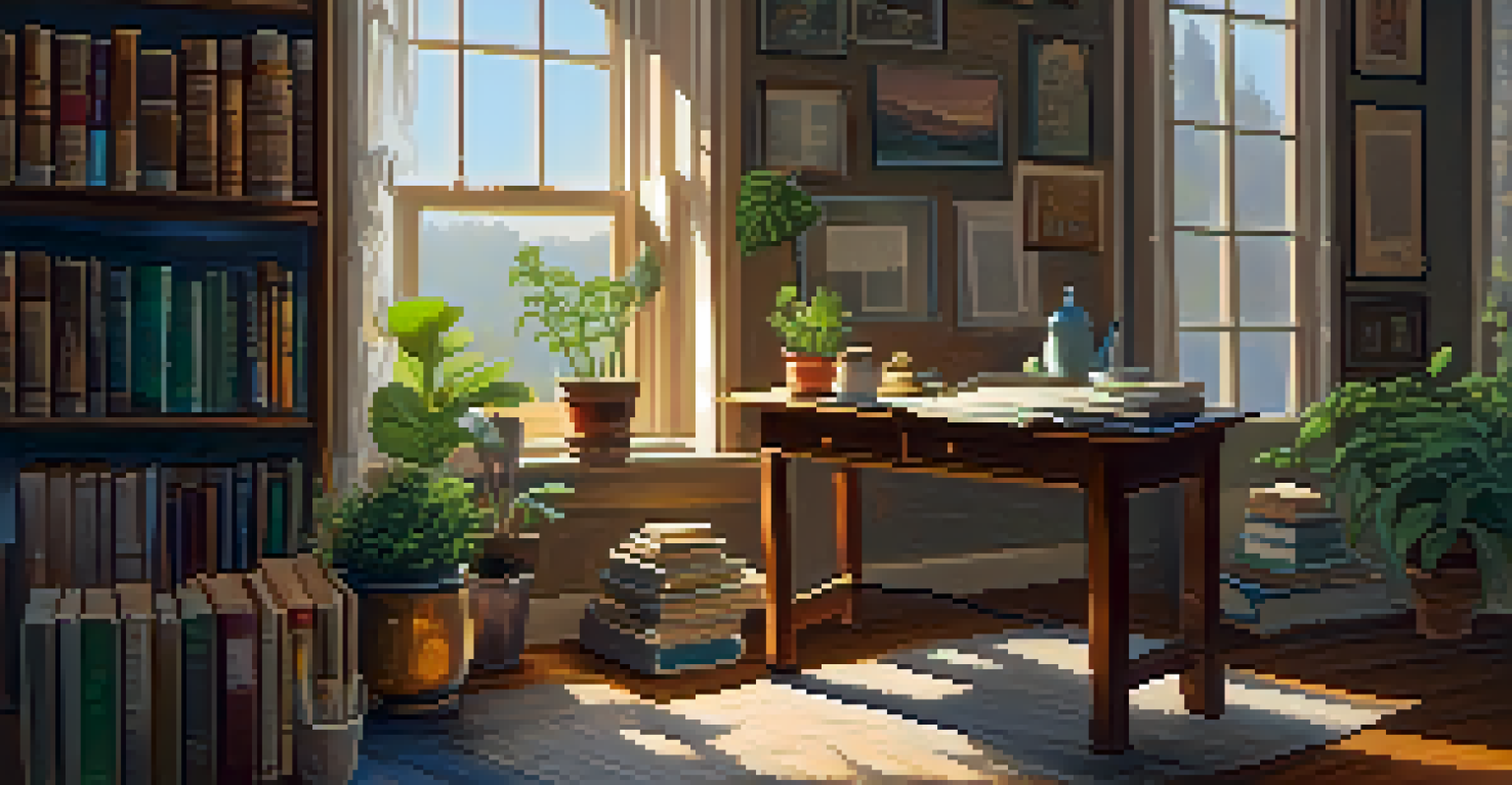 A person journaling in a cozy room filled with plants and books, with sunlight streaming through a window.