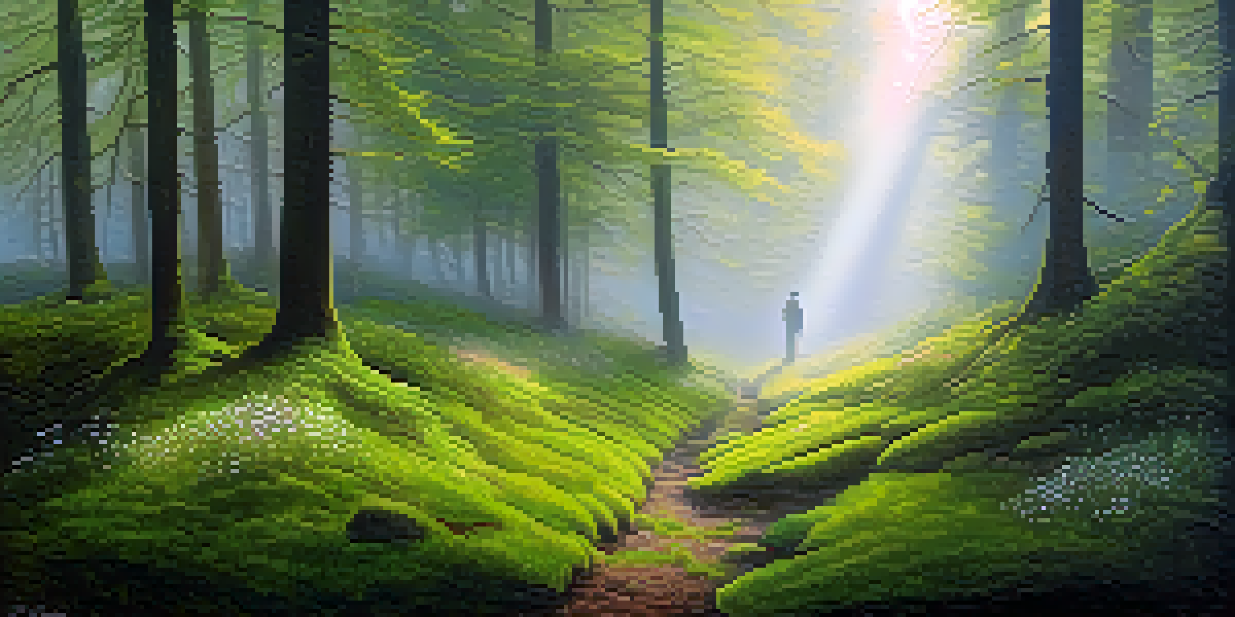 A foggy forest with sunlight filtering through the trees, featuring a lone figure in the distance, representing healing and introspection.