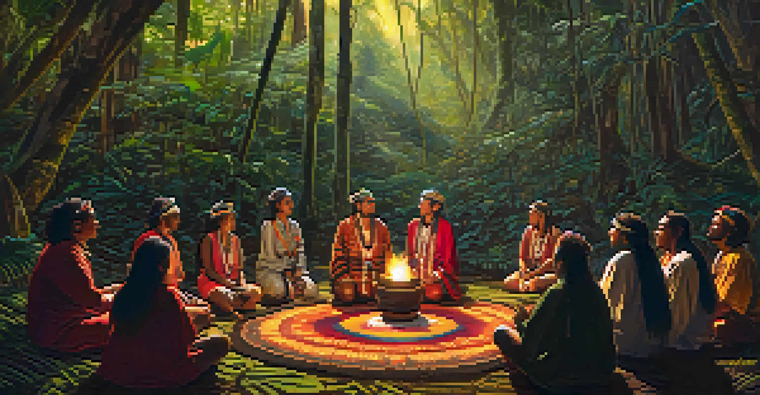 Participants in an ayahuasca ceremony sitting in a circle under rainforest trees, with a shaman singing.