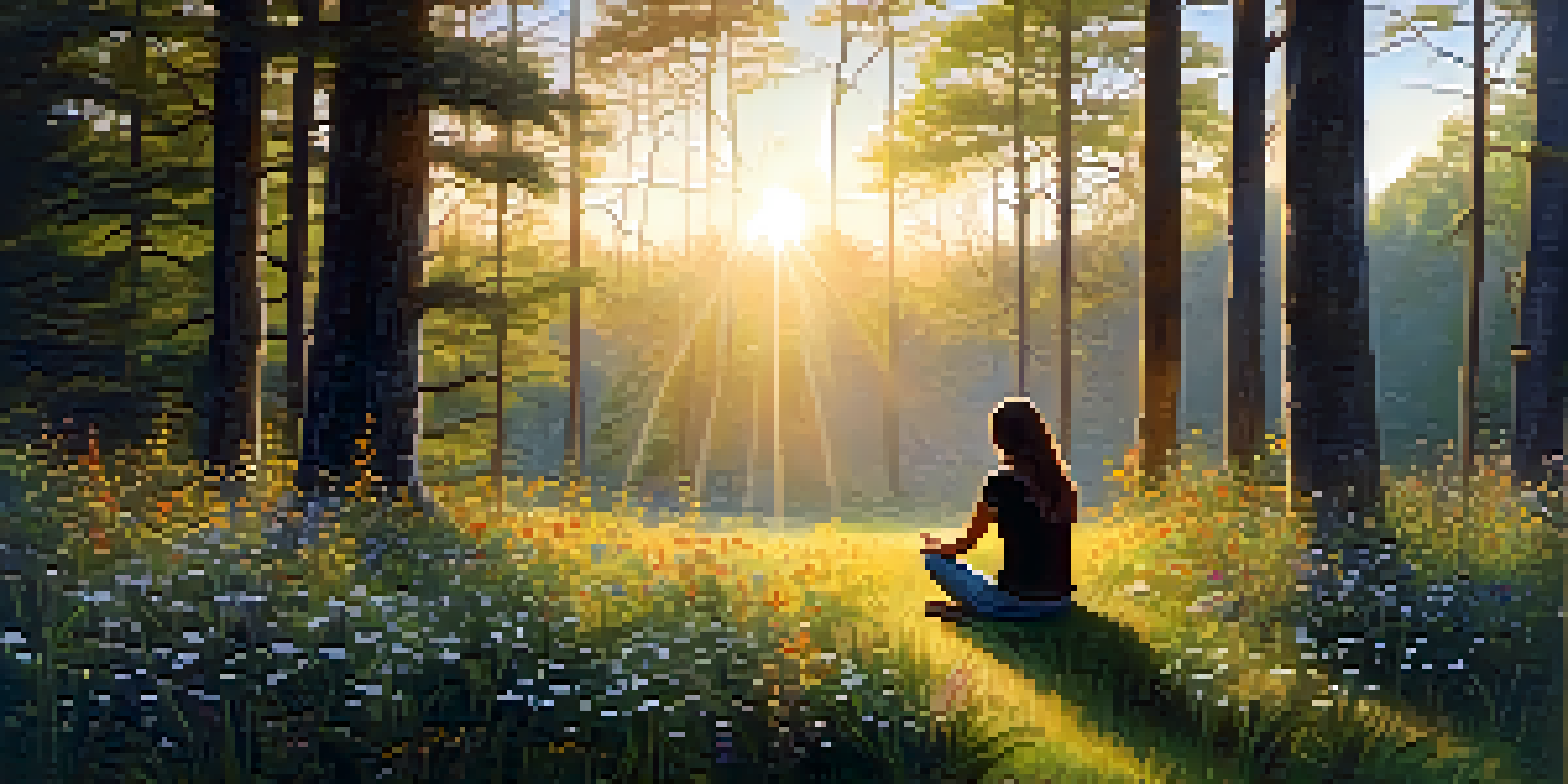 A person meditating in a tranquil forest filled with wildflowers, bathed in warm sunlight.