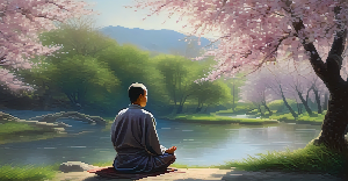 A person meditating in a tranquil Eastern landscape with cherry blossom trees and a stream, embodying serenity and enlightenment.
