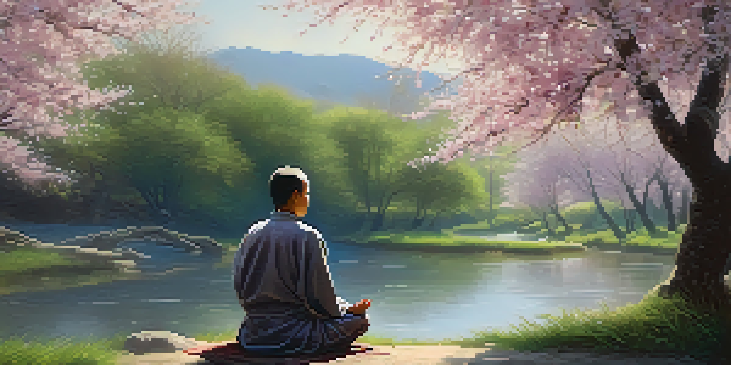 A person meditating in a tranquil Eastern landscape with cherry blossom trees and a stream, embodying serenity and enlightenment.