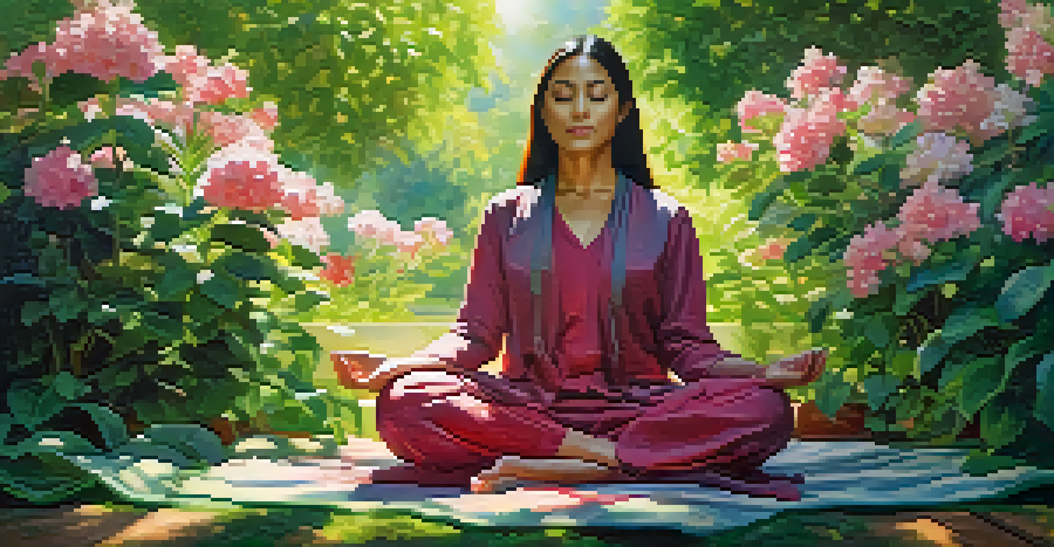A person meditating in a lush garden filled with blooming flowers and soft sunlight, conveying tranquility and self-reflection.
