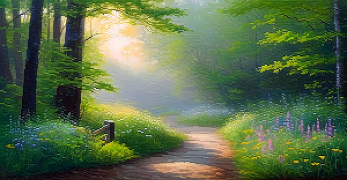 A peaceful forest path at dawn with soft light, colorful wildflowers, and a misty background.