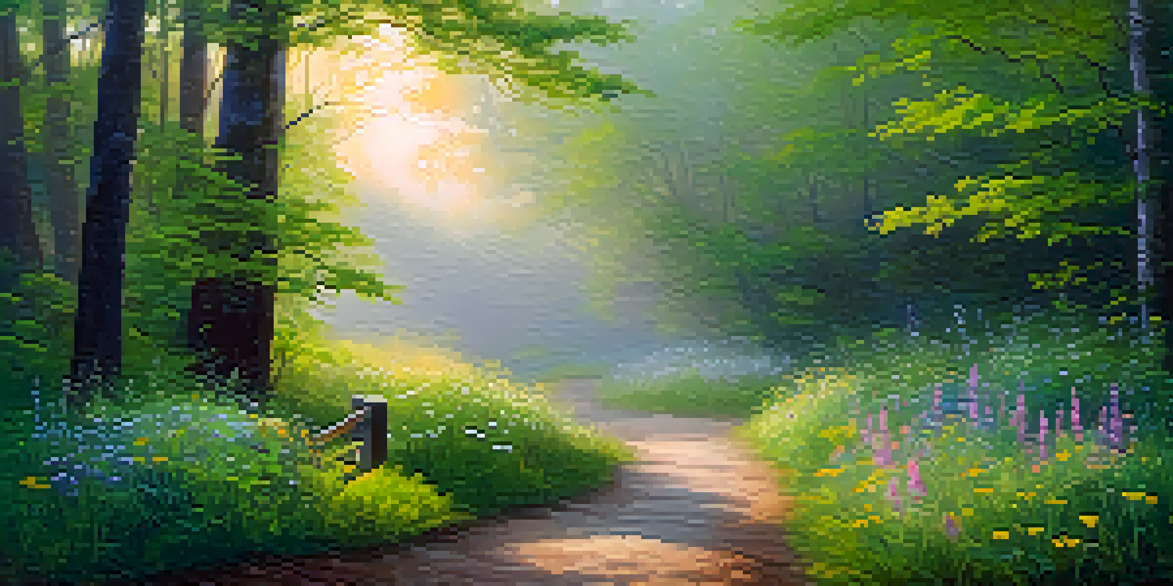 A peaceful forest path at dawn with soft light, colorful wildflowers, and a misty background.