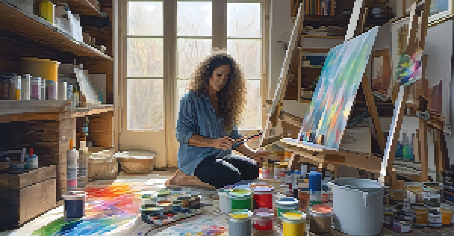 An artist in a dimly lit studio, painting an abstract piece filled with color and movement, surrounded by art supplies.